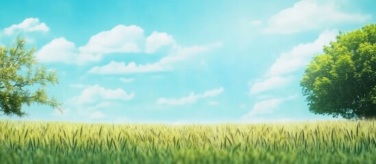Naklejka premium Vibrant green wheat field under a bright blue sky with fluffy clouds Nature landscape banner with empty space for your text or designs