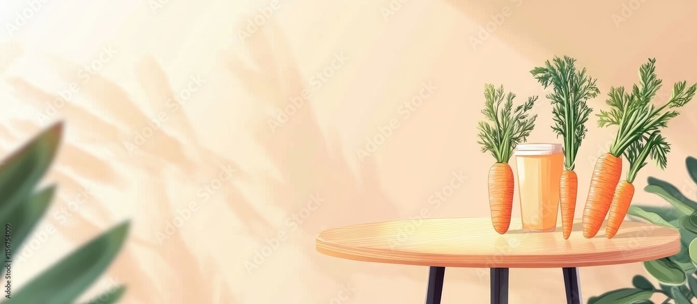 Poster Fresh Carrots on Table in Stylish Cafe Garden Promoting Farm to Table Concept with Empty Space for Text Integration