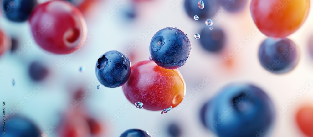 Poster vibrant close up of fresh blueberries with droplets against a soft background showcasing natural lig