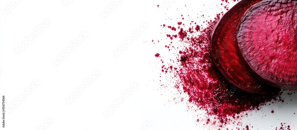 Poster fresh beetroot slices on white background showcasing vibrant colors and textures with space for crea