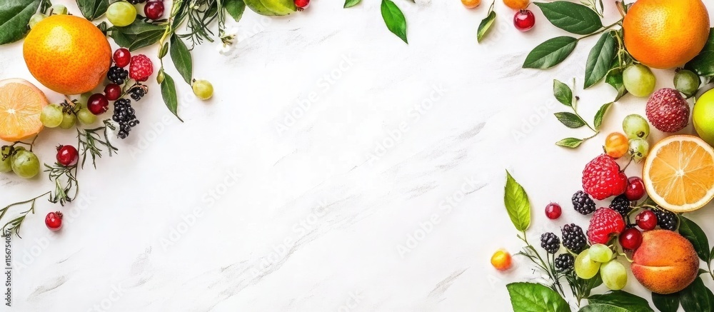 Poster vibrant assorted berry and citrus fruit arrangement on white background with copy space for text in 