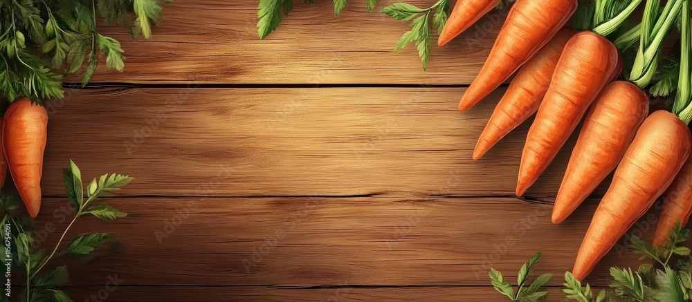 Poster fresh carrots arranged on rustic wooden surface with space for text and greenery accents for creativ