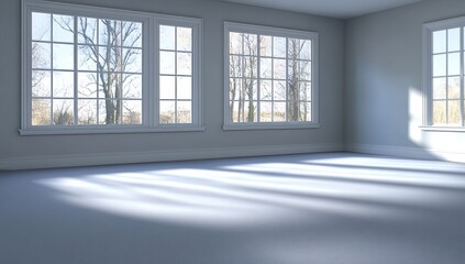 Fototapeta premium Empty room with three large windows, sunlight streaming through trees