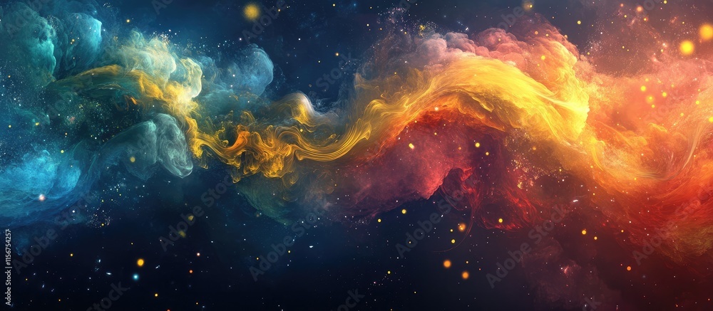 Poster vibrant abstract flow of colors in cosmic style with ample negative space for text and creative desi