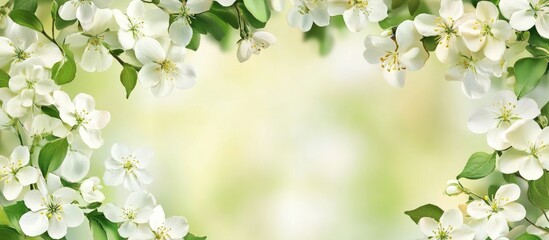 Spring floral background featuring a garland of white flowers creating an elegant frame for text and design elements in soft blurred tones.