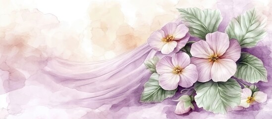 Obraz premium Floral watercolor primrose illustration with blooming leaves and soft veil for elegant text placement and design inspiration