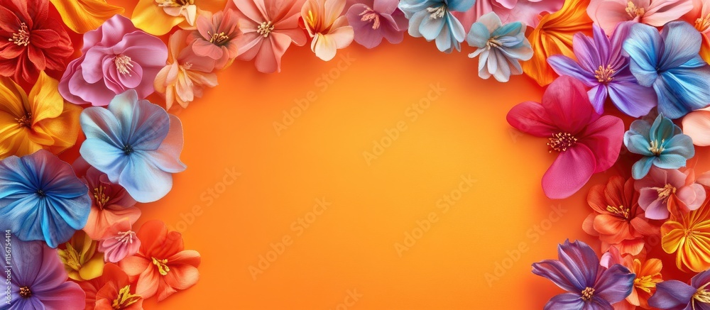 Poster vivid floral border design featuring satin flowers against an orange background with ample space for