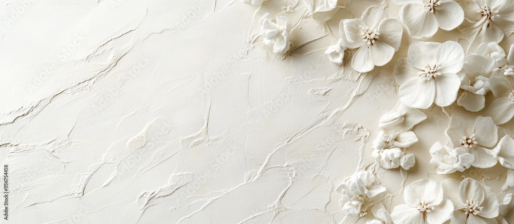 Poster textured close-up of delicate white floral arrangement on a soft background with ample space for cop