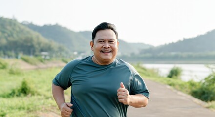 Fototapeta premium Asian adult male jogging in scenic outdoor setting for health and fitness