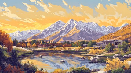 Obraz premium Serene Autumn Mountain Lake Village Scene