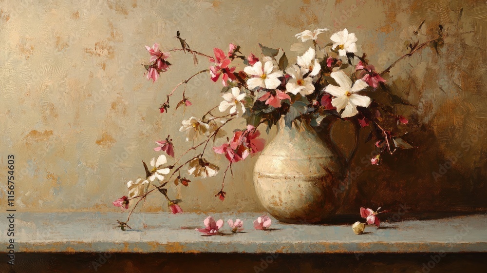 Aufkleber floral still life with vintage flowers in a rustic vase soft natural light and empty space for text 
