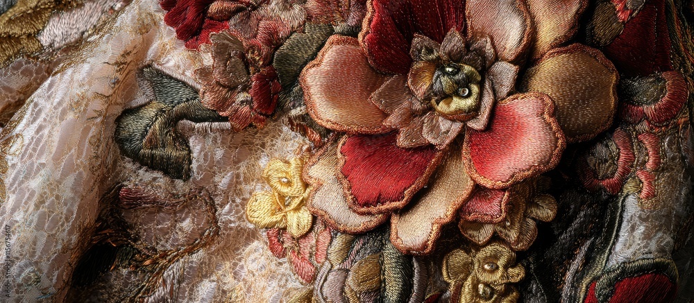 Poster floral tapestry close up of intricate gown detailing with overlapping petals and texture rich elemen