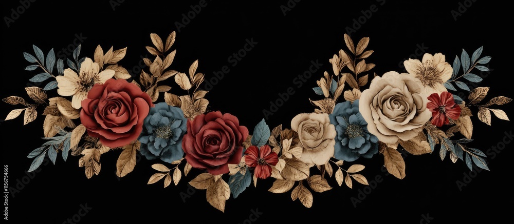 Poster floral monogram design with rich colors on black background featuring ample space for custom text in