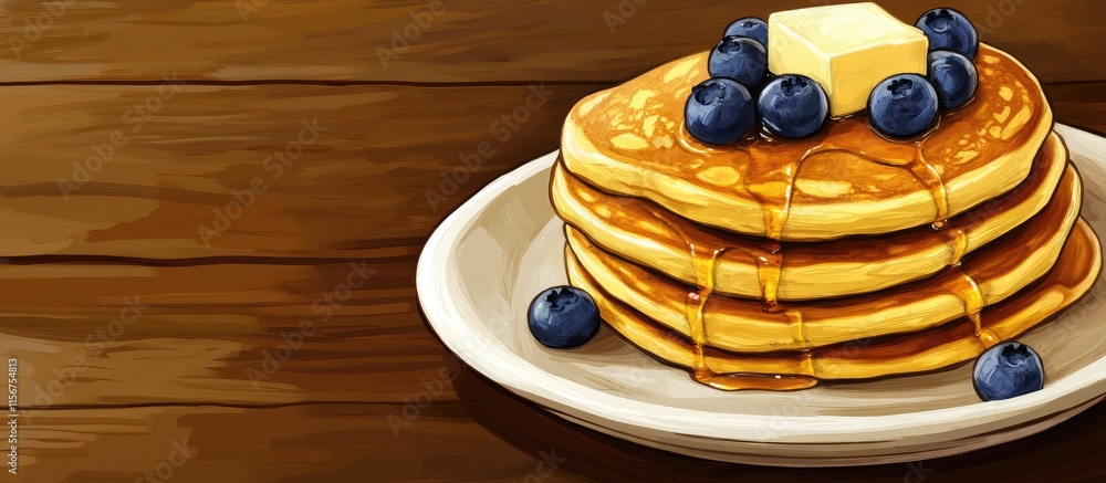 Poster stacked pancakes topped with butter and blueberries on a wooden table with ample space for text or b