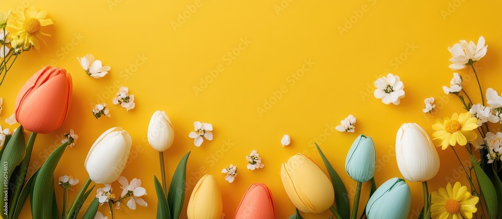 Poster spring flower arrangement with colorful tulips and empty space for text on bright yellow background
