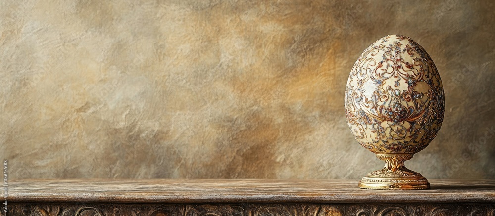 Poster faberge easter egg displayed on an antique table with textured background and empty space for text o