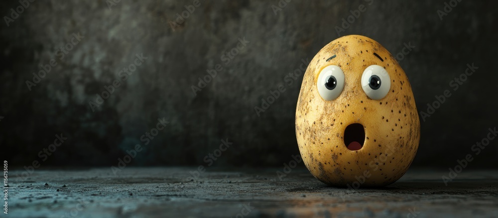 Poster adorable extraterrestrial potato character with expressive eyes and space for text on a textured bac