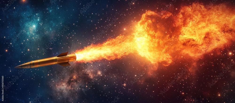 Poster dynamic missile soaring through space with fiery trail in vibrant starry backdrop suitable for futur