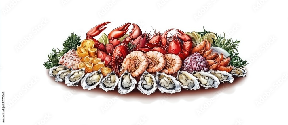 Poster aesthetically arranged seafood platter showcasing fresh oysters lobsters and prawns with ample space