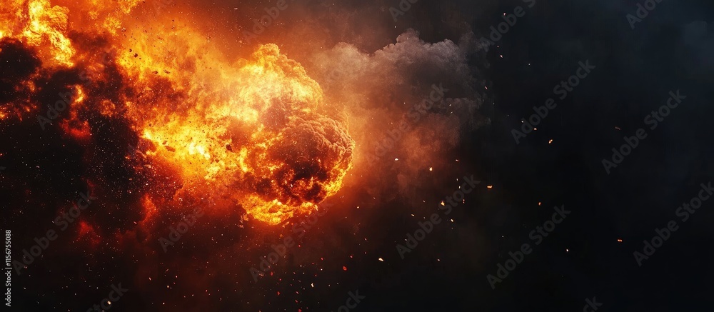 Poster dramatic explosion with fiery flames and pyroclastic cloud against a dark background ideal for dynam