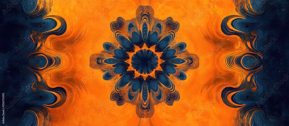 Poster vibrant abstract design with swirling orange and indigo patterns creating a striking contrast agains