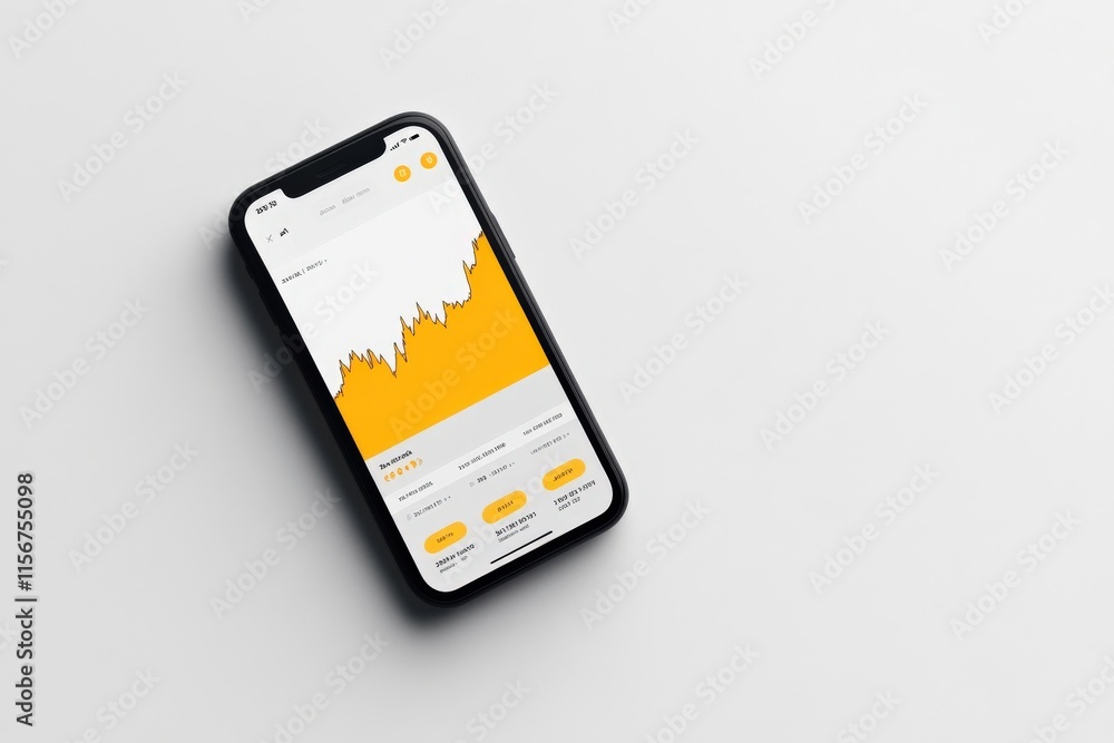 Poster smartphone displaying financial market trends with graph and metrics in orange and gray color scheme