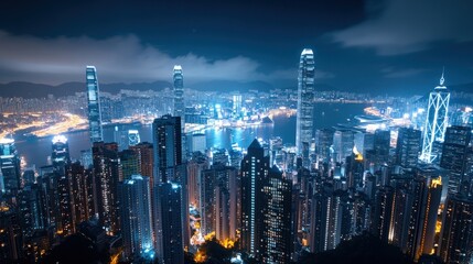Fototapeta premium Stunning Aerial View of a Vibrant City Skyline at Night Featuring Skyscrapers, Waterfronts, and Bright City Lights Against a Cloudy Sky in Hong Kong