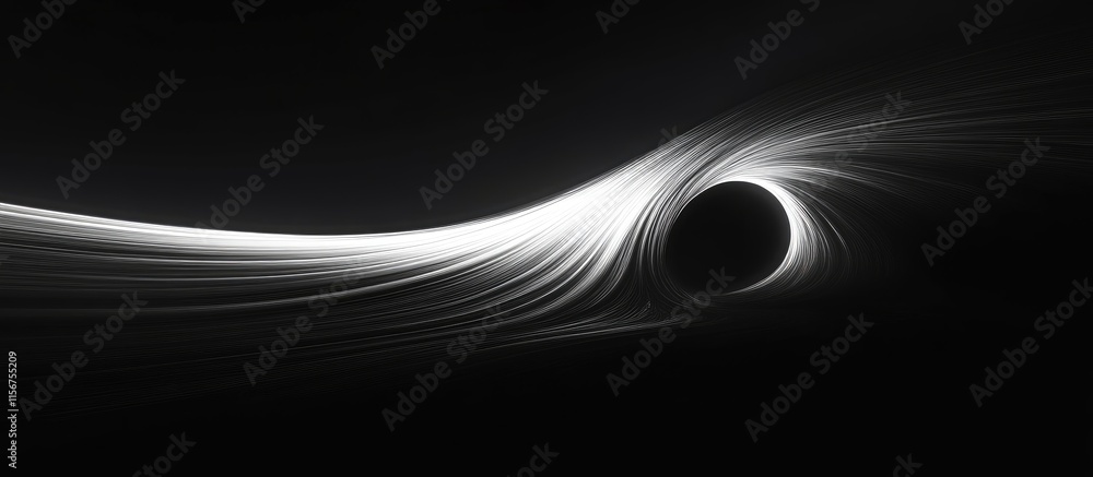 Poster abstract black hole in a dark void with dynamic swirling lines and illuminated space, evoking a sens
