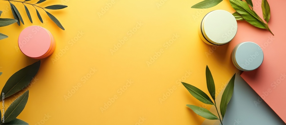 Aufkleber vibrant flat lay with jars and leaves on colorful background showcasing space for branding and text 
