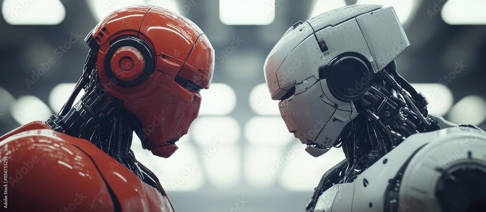 Poster human robot conflict faceoff with copy space for text and futuristic background