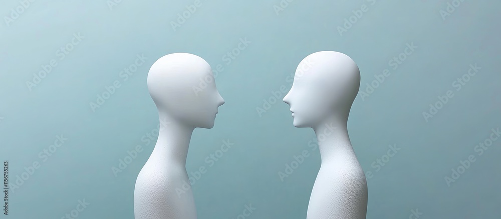 Poster abstract human interaction concept with blank space for text featuring two profiled figures on soft 