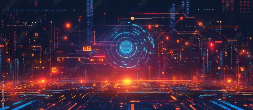 Poster futuristic digital landscape with abstract tech elements and copy space for innovation and technolog