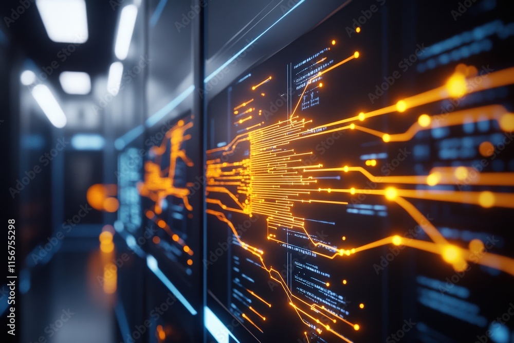 Poster futuristic technology concept with bright orange data lines on a dark background in a modern data ce