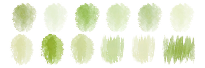 Soft green watercolor swatches, textured backgrounds, artistic design elements, nature-inspired color palette, versatile for creative projects.