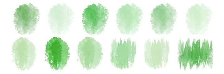 Soft green watercolor swatches, textured brush strokes, artistic design elements, versatile background options.