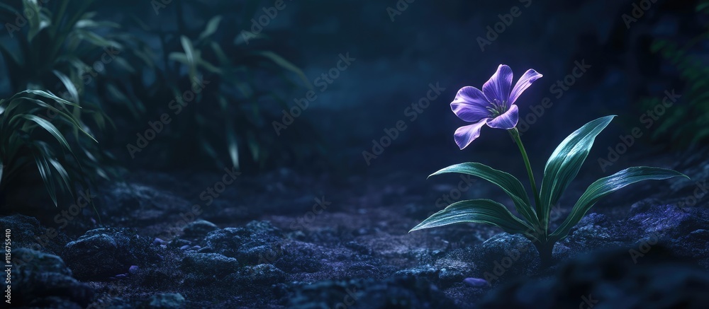 Poster summer evening flower in soft violet light against a mysterious dark backdrop with ample empty space