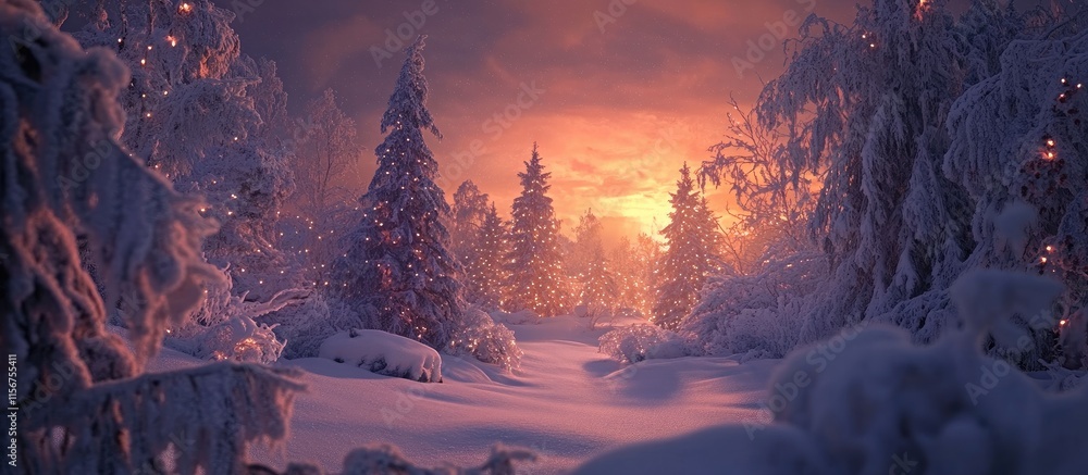Poster serene winter landscape with snow-covered trees and a twilight sky creating a magical christmas atmo
