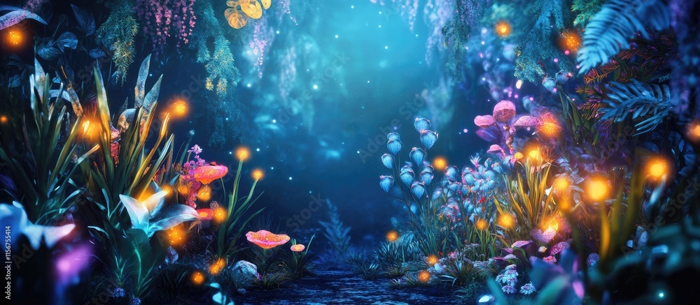 Poster enchanting midnight garden with bioluminescent flora and fauna illuminated by soft light featuring a