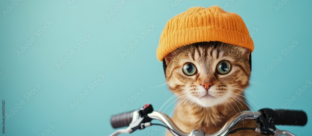 Poster whimsical cat in bicycle hat with vibrant background and ample space for text inclusion in advertise