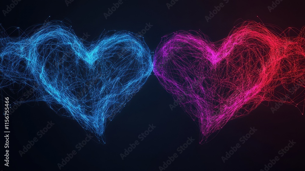 Poster two glowing hearts intertwined with lines of light and color.