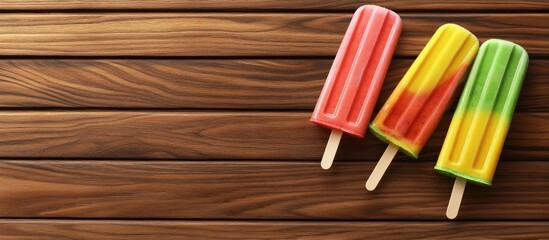 Fototapeta premium Refreshing fruit and berry popsicles on a wooden background perfect for summer treat advertising and promotional materials