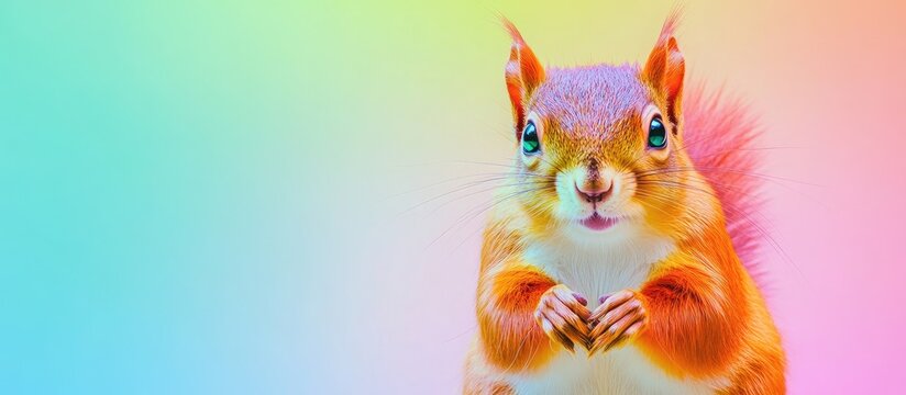 Vibrant red squirrel with bright green eyes against a colorful rainbow backdrop featuring ample empty space for custom text or messages
