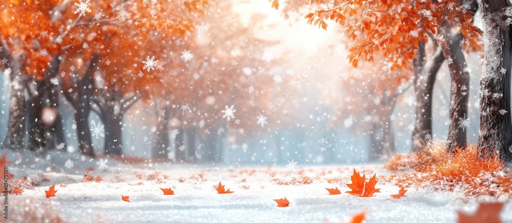 Poster serene winter landscape with falling snow and empty space for text in a colorful forest