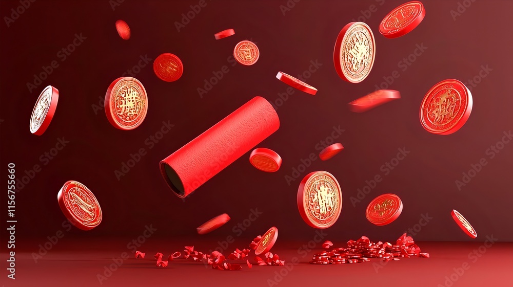 Poster 3d rendered digital of a modern and playful chinese new year scene featuring floating red envelopes 