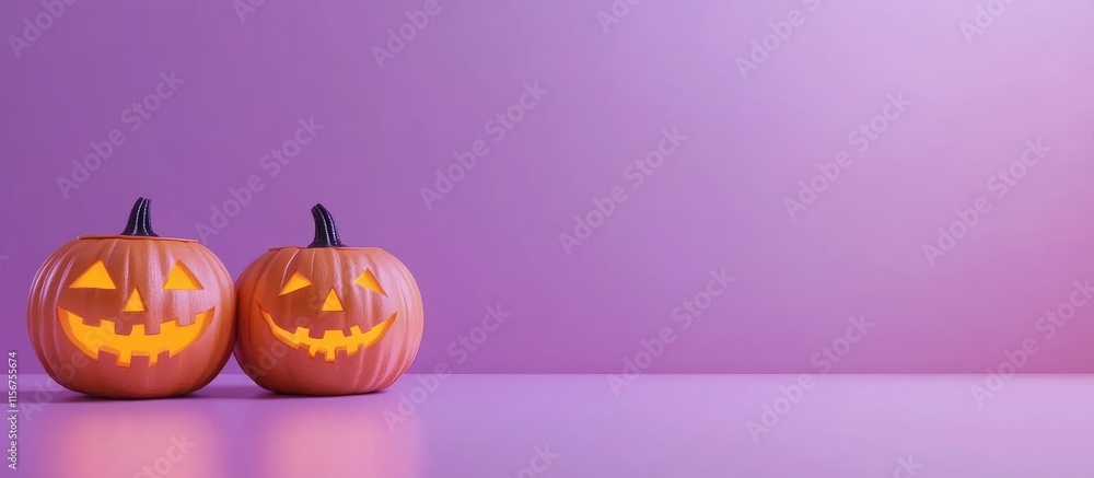 Poster halloween festivity with glowing jack o lanterns on purple background and empty space for text utili