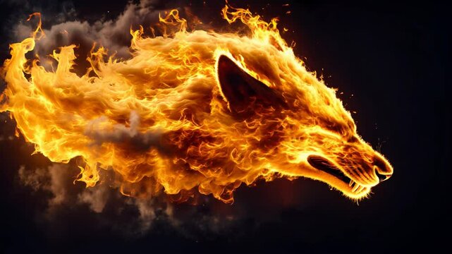 Fierce lion head emerging from wild flames, showcasing strength and power with intense energy and vibrant colors, creating captivating visual experience.