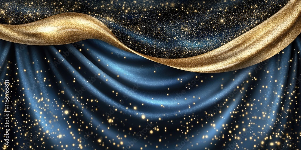 Poster elegant black and blue backdrop with golden shimmering wave and sparkling glitter ideal for headline