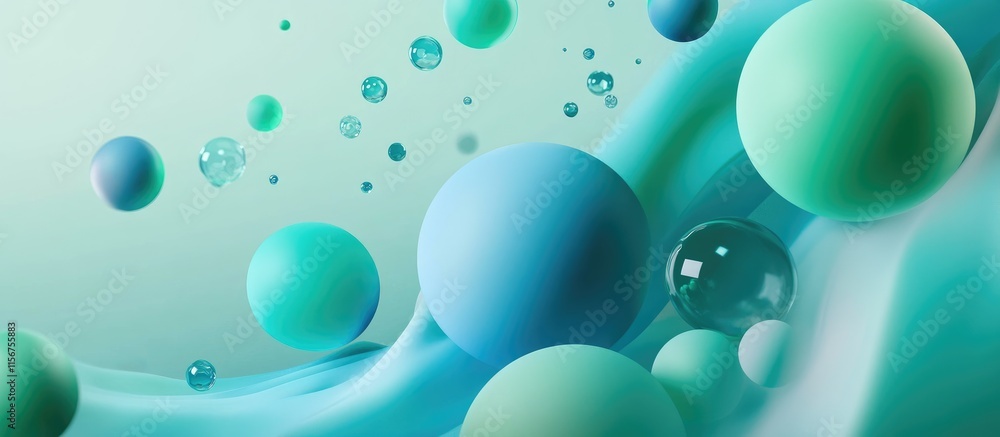 Poster abstract design featuring green and blue spheres over a fluid background with vibrant colors and amp