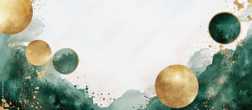 Poster elegant green and gold watercolor circles on a textured abstract backdrop with ample copy space for 