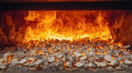 Intense Flames and Glowing Embers in a Fire Pit, Capturing the Essence of Heat and Light for Outdoor Gatherings and Cooking Enthusiasts